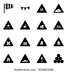 Solid vector icon set - side wind vector, flag garland, oncoming traffic road sign, steep descent, slippery, wild animals, railway intersection, narrows, artificial unevenness, attention