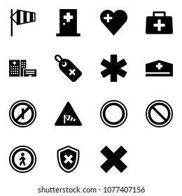 Solid vector icon set - side wind vector, first aid room, heart, doctor bag, hospital building, medical label, ambulance star, hat, no parkin odd, road sign, prohibition, pedestrian, shield cross