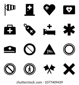 Solid vector icon set - side wind vector, first aid room, heart, kit, doctor bag, medical label, hospital bed, ambulance star, hat, prohibition road sign, no pedestrian, flags cross, delete