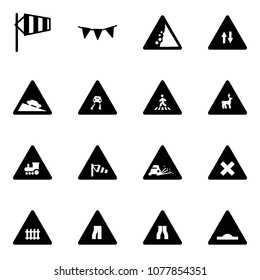 Solid vector icon set - side wind vector, flag garland, landslide road sign, oncoming traffic, steep descent, slippery, pedestrian, wild animals, railway intersection, gravel, narrows