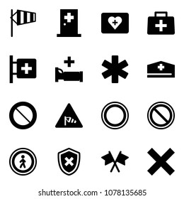 Solid vector icon set - side wind vector, first aid room, kit, doctor bag, hospital bed, ambulance star, hat, prohibition road sign, no pedestrian, shield cross, flags, delete