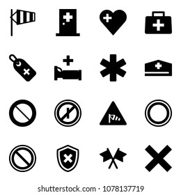 Solid vector icon set - side wind vector, first aid room, heart, doctor bag, medical label, hospital bed, ambulance star, hat, prohibition road sign, no parkin odd, shield cross, flags, delete