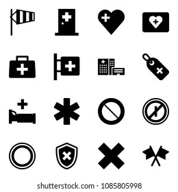 Solid vector icon set - side wind vector, first aid room, heart, kit, doctor bag, hospital building, medical label, bed, ambulance star, prohibition road sign, no parkin odd, shield cross, delete