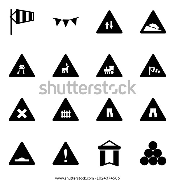 Solid vector icon set - side wind vector, flag
garland, oncoming traffic road sign, steep descent, slippery, wild
animals, railway intersection, narrows, artificial unevenness,
attention, pennant