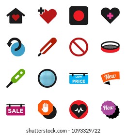 solid vector icon set - sieve vector, heart pulse, prohibition sign, rec button, cross, thermometer, undo, stop, sale signboard, low price, love home, new