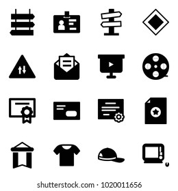 Solid vector icon set - sign post vector, identity, road signpost, main, oncoming traffic, opened mail, presentation board, film coil, certificate, envelope, pennant, t shirt, cap, monoblock pc