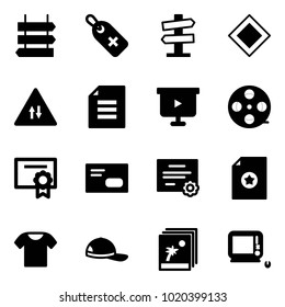 Solid vector icon set - sign post vector, medical label, road signpost, main, oncoming traffic, document, presentation board, film coil, certificate, envelope, t shirt, cap, photo, monoblock pc