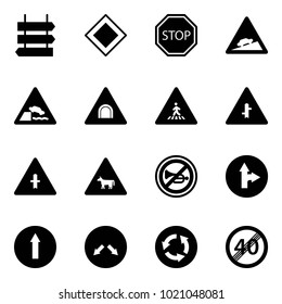 Solid vector icon set - sign post vector, main road, stop, climb, embankment, tunnel, pedestrian, intersection, cow, no horn, only forward right, detour, circle, end speed limit