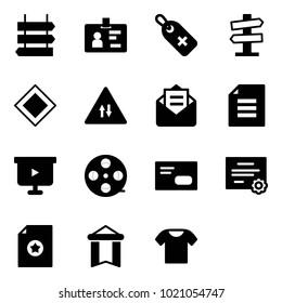 Solid vector icon set - sign post vector, identity, medical label, road signpost, main, oncoming traffic, opened mail, document, presentation board, film coil, envelope, certificate, pennant
