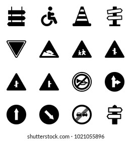 Solid vector icon set - sign post vector, disabled, road cone, signpost, giving way, steep descent, children, intersection, no horn, only forward right, detour, end overtake limit