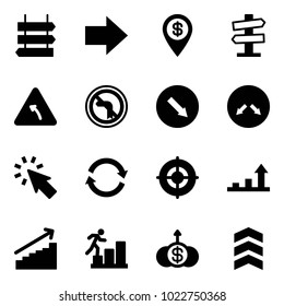 Solid vector icon set - sign post vector, right arrow, dollar pin, road signpost, turn left, no, detour, cursor, refresh, target, growth, career, chevron