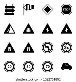 Solid vector icon set - sign post vector, side wind, main road, stop, landslide, tunnel, intersection, narrows, no left turn, limited height, speed limit 20, 30, 70, car