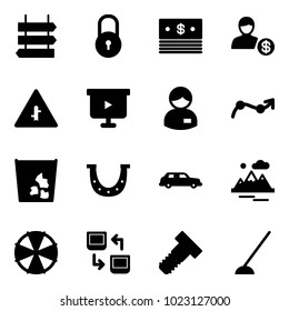 Solid vector icon set - sign post vector, lock, dollar, account, intersection road, presentation board, manager, chart point arrow, garbage, luck, limousine, mountains, parasol, data exchange, bolt