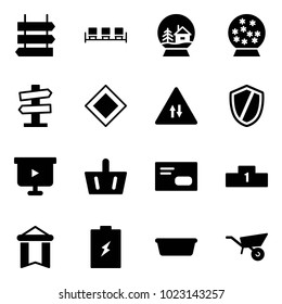 Solid vector icon set - sign post vector, waiting area, snowball house, road signpost, main, oncoming traffic, shield, presentation board, basket, envelope, pedestal, pennant, battery, basin