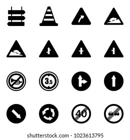 Solid vector icon set - sign post vector, road cone, turn right, climb, steep descent, intersection, no horn, limited height, only forward, detour, circle, end speed limit, overtake