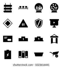 Solid vector icon set - sign post vector, waiting area, snowball house, main road, oncoming traffic, shield, presentation board, envelope, pedestal, pennant, battery, basin, wheelbarrow
