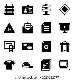 Solid vector icon set - sign post vector, identity, road signpost, main, oncoming traffic, opened mail, document, presentation board, certificate, envelope, pennant, t shirt, cap, photo