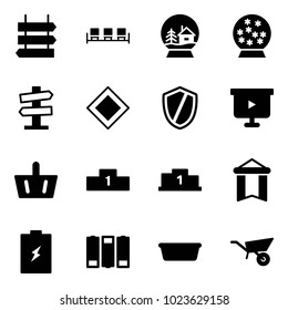 Solid vector icon set - sign post vector, waiting area, snowball house, road signpost, main, shield, presentation board, basket, pedestal, pennant, battery, basin, wheelbarrow