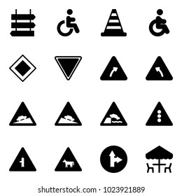 Solid vector icon set - sign post vector, disabled, road cone, main, giving way, turn right, left, climb, steep descent, embankment, traffic light, intersection, cow, only forward, outdoor cafe
