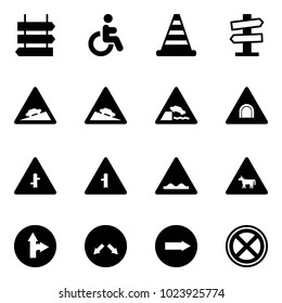 Solid vector icon set - sign post vector, disabled, road cone, signpost, climb, steep descent, embankment, tunnel, intersection, rough, cow, only forward right, detour, no stop