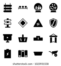 Solid vector icon set - sign post vector, waiting area, snowball house, road signpost, main, oncoming traffic, shield, presentation board, basket, pedestal, pennant, battery, basin, wheelbarrow