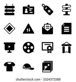 Solid vector icon set - sign post vector, identity, medical label, road signpost, main, oncoming traffic, opened mail, document, presentation board, film coil, certificate, pennant, t shirt, cap