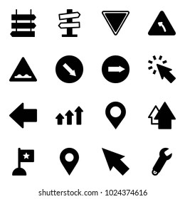 Solid vector icon set - sign post vector, road signpost, giving way, turn left, rough, detour, only right, cursor, arrow, arrows up, map pin, flag, navigation, wrench