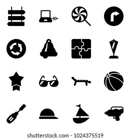 Solid vector icon set - sign post vector, notebook connect, lollipop, only right road, circle, bell, puzzle, pennant, star medal, sunglasses, lounger, ball, chisel, construction helmet, sailboat toy