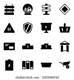 Solid vector icon set - sign post vector, snowball house, road signpost, main, oncoming traffic, shield, presentation board, basket, envelope, pedestal, pennant, battery, basin, wheelbarrow