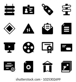 Solid vector icon set - sign post vector, identity, medical label, road signpost, main, oncoming traffic, opened mail, document, presentation board, film coil, certificate, envelope, pennant, photo