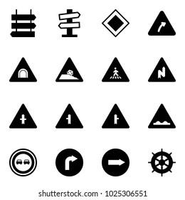 Solid vector icon set - sign post vector, road signpost, main, turn right, tunnel, steep roadside, pedestrian, abrupt, intersection, rough, no overtake, only, hand wheel
