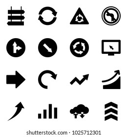 Solid vector icon set - sign post vector, exchange, round motion road, no left turn, only forward right, detour, circle, monitor cursor, arrow, redo, growth, rise, chart, cloud data, chevron