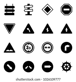 Solid vector icon set - sign post vector, road signpost, main, no way, giving, turn left, intersection, rough, limited height, overtake, only right, detour, hand wheel