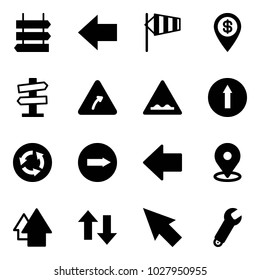 Solid vector icon set - sign post vector, left arrow, side wind, dollar pin, road signpost, turn right, rough, only forward, circle, map, up, down arrows, cursor, wrench
