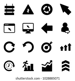 Solid vector icon set - sign post vector, intersection road, circle, cursor, browser, monitor, left arrow, user login, reload, undo, target, arrows up, clock around, career, growth, chevron