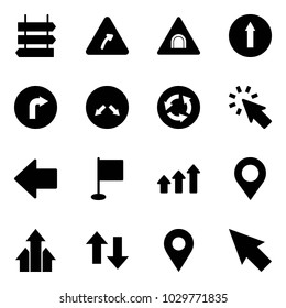 Solid Vector Icon Set - Sign Post Vector, Turn Right Road, Tunnel, Only Forward, Detour, Circle, Cursor, Left Arrow, Flag, Arrows Up, Map Pin, Down, Navigation