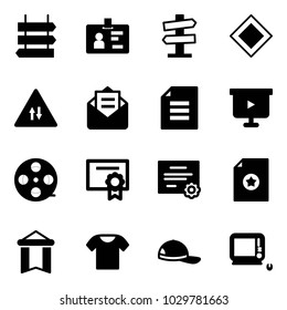 Solid vector icon set - sign post vector, identity, road signpost, main, oncoming traffic, opened mail, document, presentation board, film coil, certificate, pennant, t shirt, cap, monoblock pc