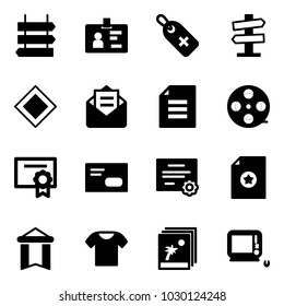 Solid vector icon set - sign post vector, identity, medical label, road signpost, main, opened mail, document, film coil, certificate, envelope, pennant, t shirt, photo, monoblock pc