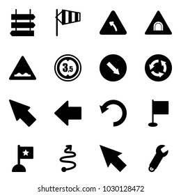Solid vector icon set - sign post vector, side wind, turn left road, tunnel, rough, limited height, detour, circle, cursor, arrow, undo, flag, trip, wrench