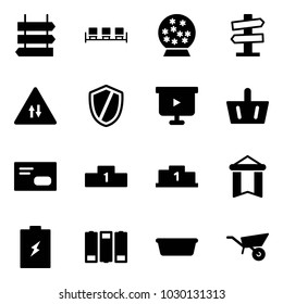 Solid vector icon set - sign post vector, waiting area, snowball, road signpost, oncoming traffic, shield, presentation board, basket, envelope, pedestal, pennant, battery, basin, wheelbarrow
