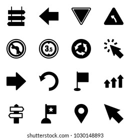 Solid vector icon set - sign post vector, left arrow, giving way road, turn, no, limited height, circle, cursor, right, undo, flag, arrows up, signpost, navigation pin