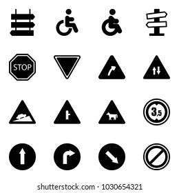 Solid vector icon set - sign post vector, disabled, road signpost, stop, giving way, turn right, oncoming traffic, climb, intersection, cow, limited height, only forward, detour, no parking