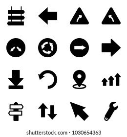 Solid vector icon set - sign post vector, left arrow, turn right road, detour, circle, only, download, undo, map pin, arrows up, signpost, down, cursor, wrench