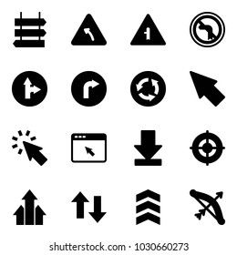 Solid vector icon set - sign post vector, turn left road, intersection, no, only forward right, circle, cursor, browser, download, target, arrows up, down, chevron, bow