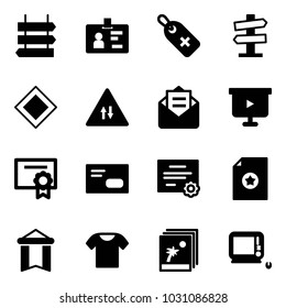 Solid vector icon set - sign post vector, identity, medical label, road signpost, main, oncoming traffic, opened mail, presentation board, certificate, envelope, pennant, t shirt, photo