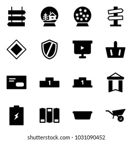Solid vector icon set - sign post vector, snowball house, road signpost, main, shield, presentation board, basket, envelope, pedestal, pennant, battery, basin, wheelbarrow