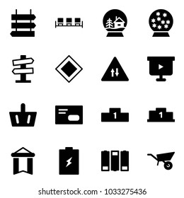 Solid vector icon set - sign post vector, waiting area, snowball house, road signpost, main, oncoming traffic, presentation board, basket, envelope, pedestal, pennant, battery, wheelbarrow