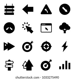 Solid vector icon set - sign post vector, left arrow, turn road, detour, cursor, browser, upload cloud, fast forward, target, lightning, signpost, up, chart
