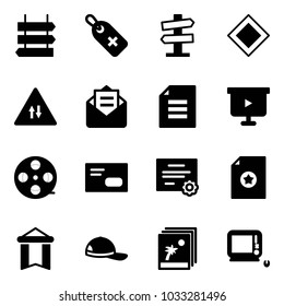 Solid vector icon set - sign post vector, medical label, road signpost, main, oncoming traffic, opened mail, document, presentation board, film coil, envelope, certificate, pennant, cap, photo