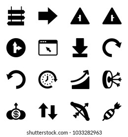 Solid vector icon set - sign post vector, right arrow, intersection road, only forward, cursor browser, download, redo, undo, clock around, rise, solution, dollar growth, up down arrows, bow, dart